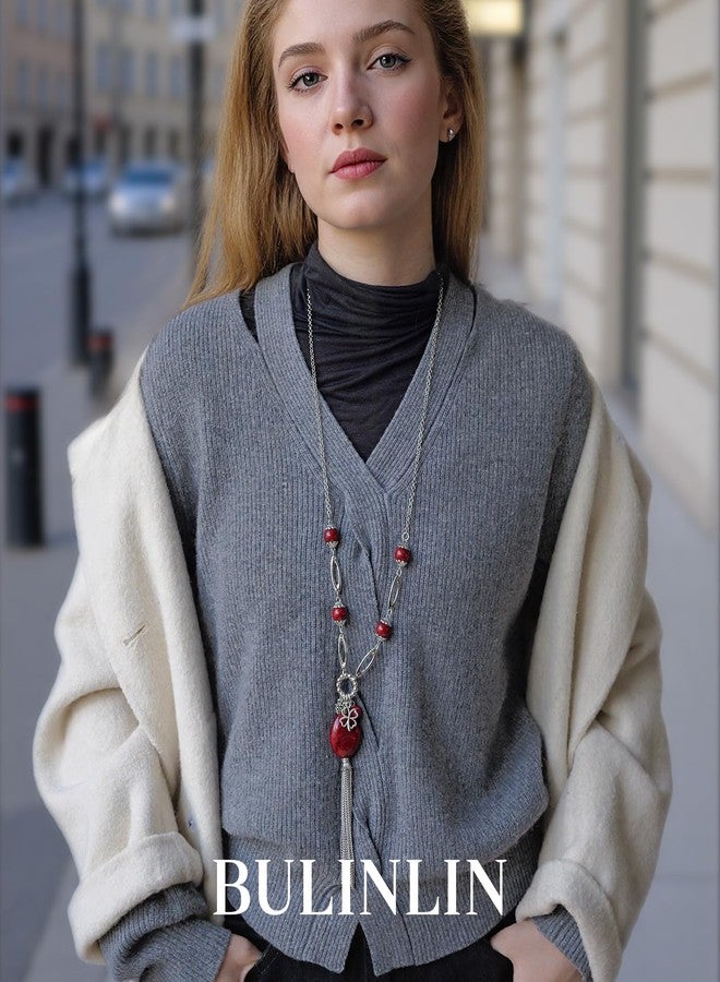 BULINLIN Long Chunky Pendant Necklaces for Women Silver Tassel Sweater Chain with Beaded Pendant Birthday Gifts for Mom Fashion Costume Jewelry(Dark Red) - Image 3